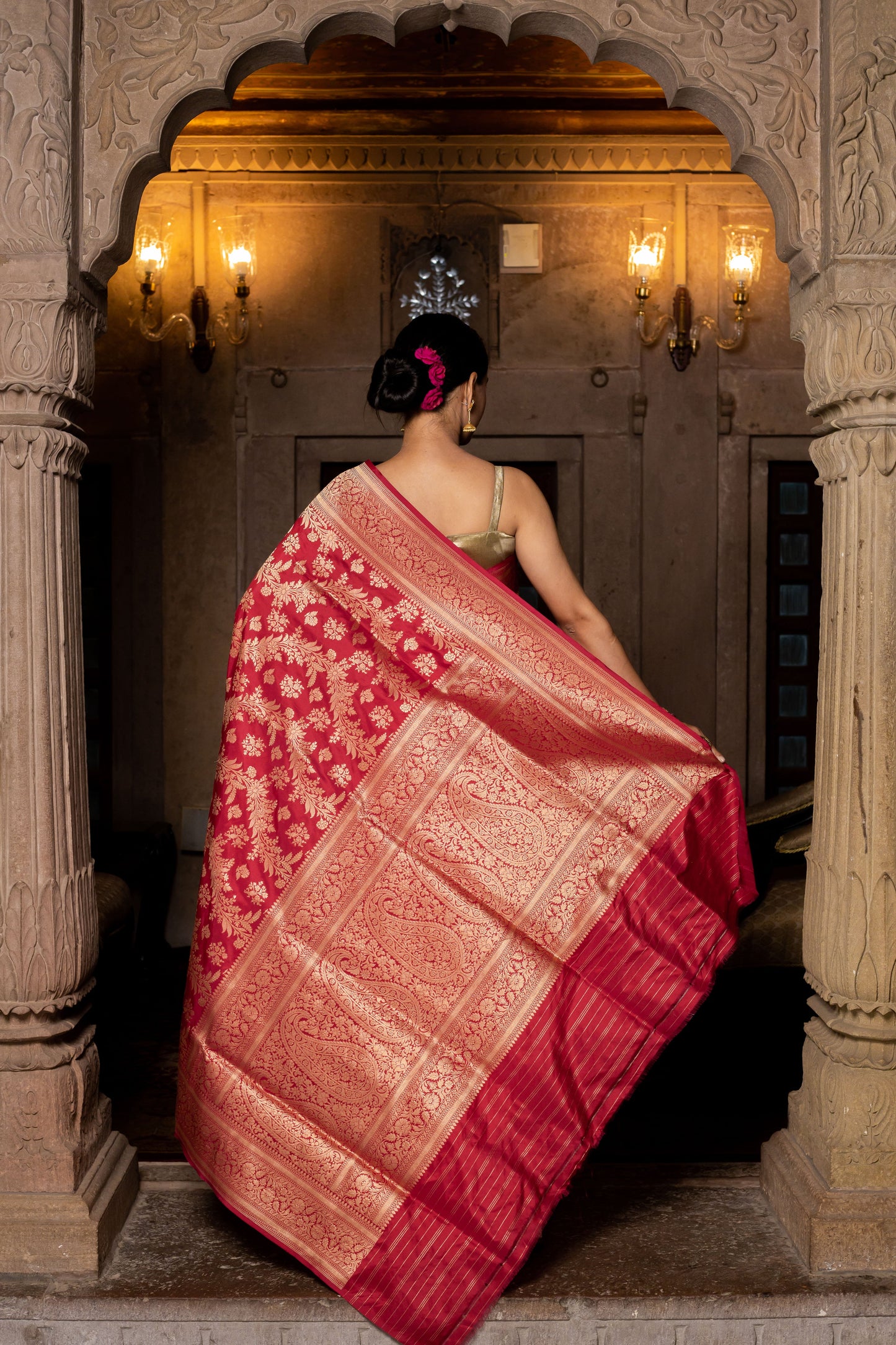 Cherry Red Handwoven Cutwork Katan Silk Saree - Panaya