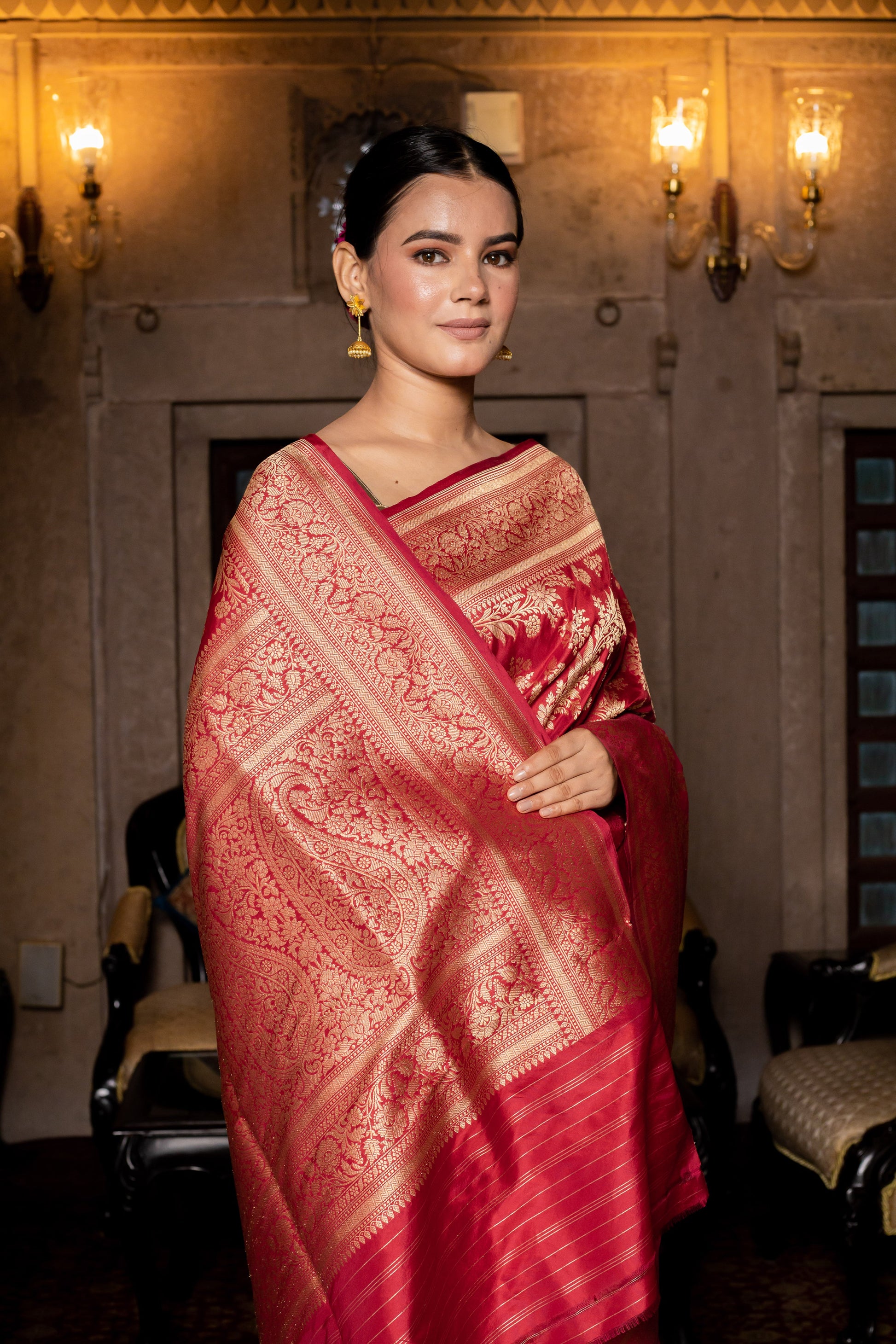 Cherry Red Handwoven Cutwork Katan Silk Saree - Panaya