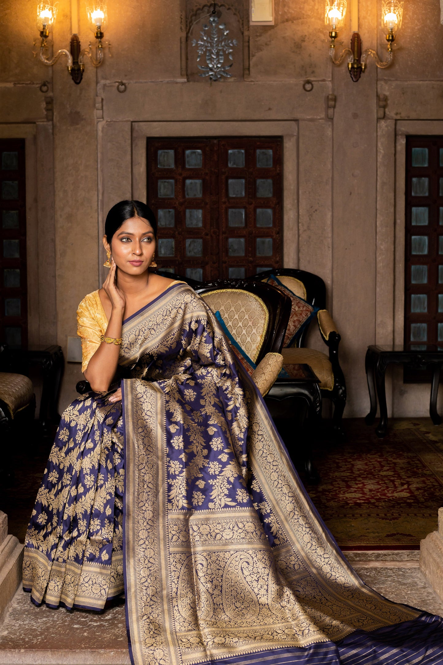 Blue Handwoven Cutwork Katan Silk Saree - Panaya