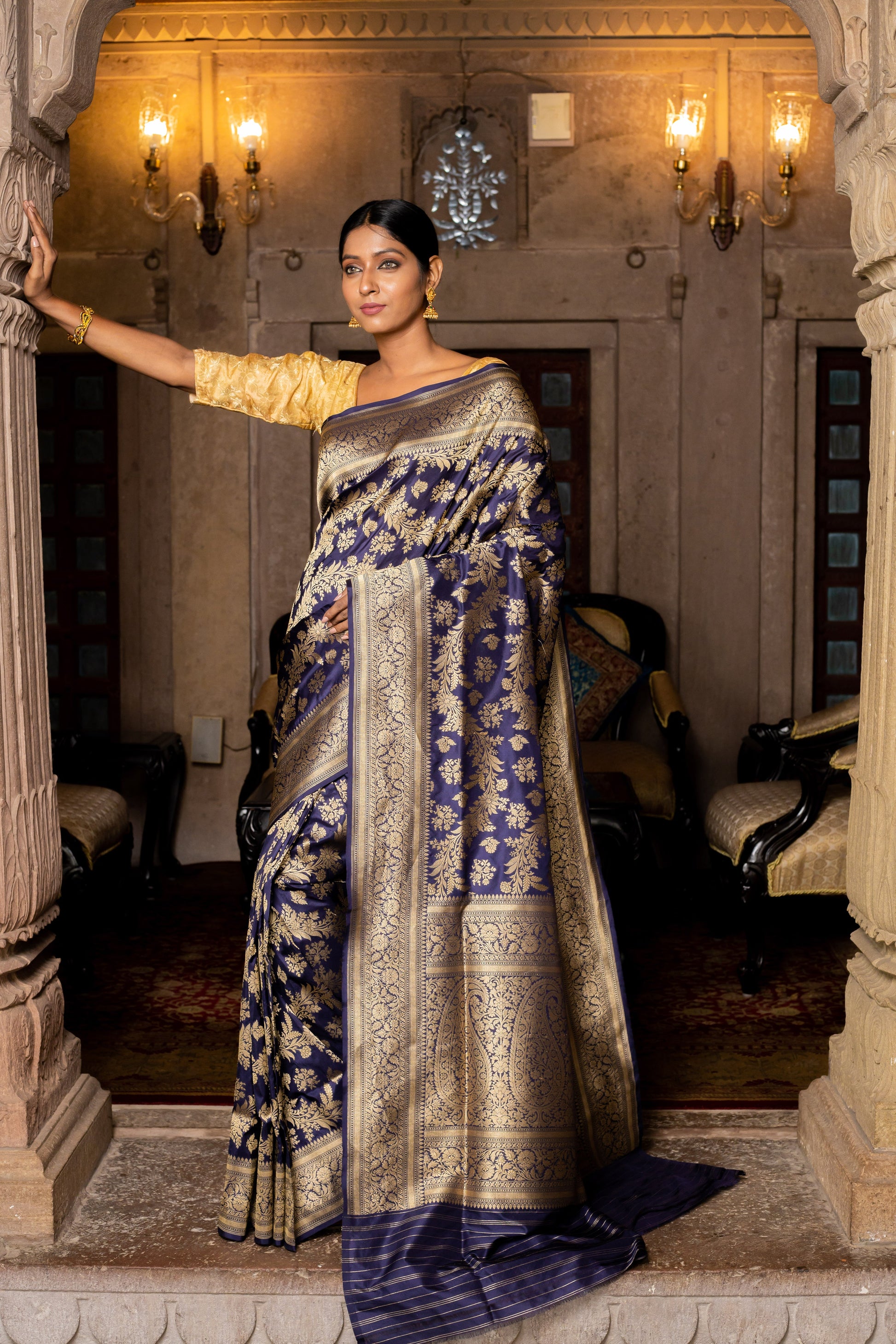 Blue Handwoven Cutwork Katan Silk Saree - Panaya