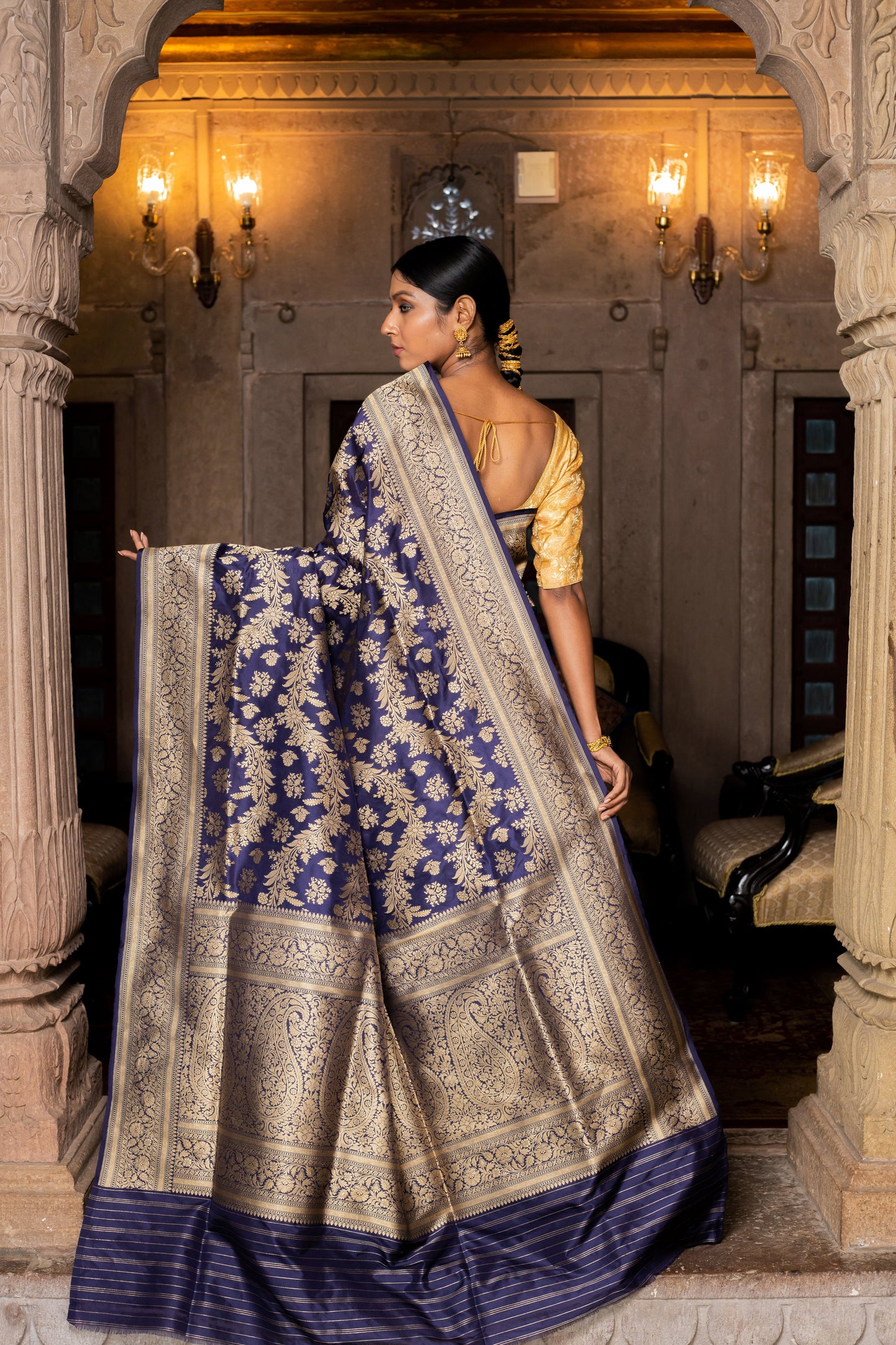 Blue Handwoven Cutwork Katan Silk Saree - Panaya