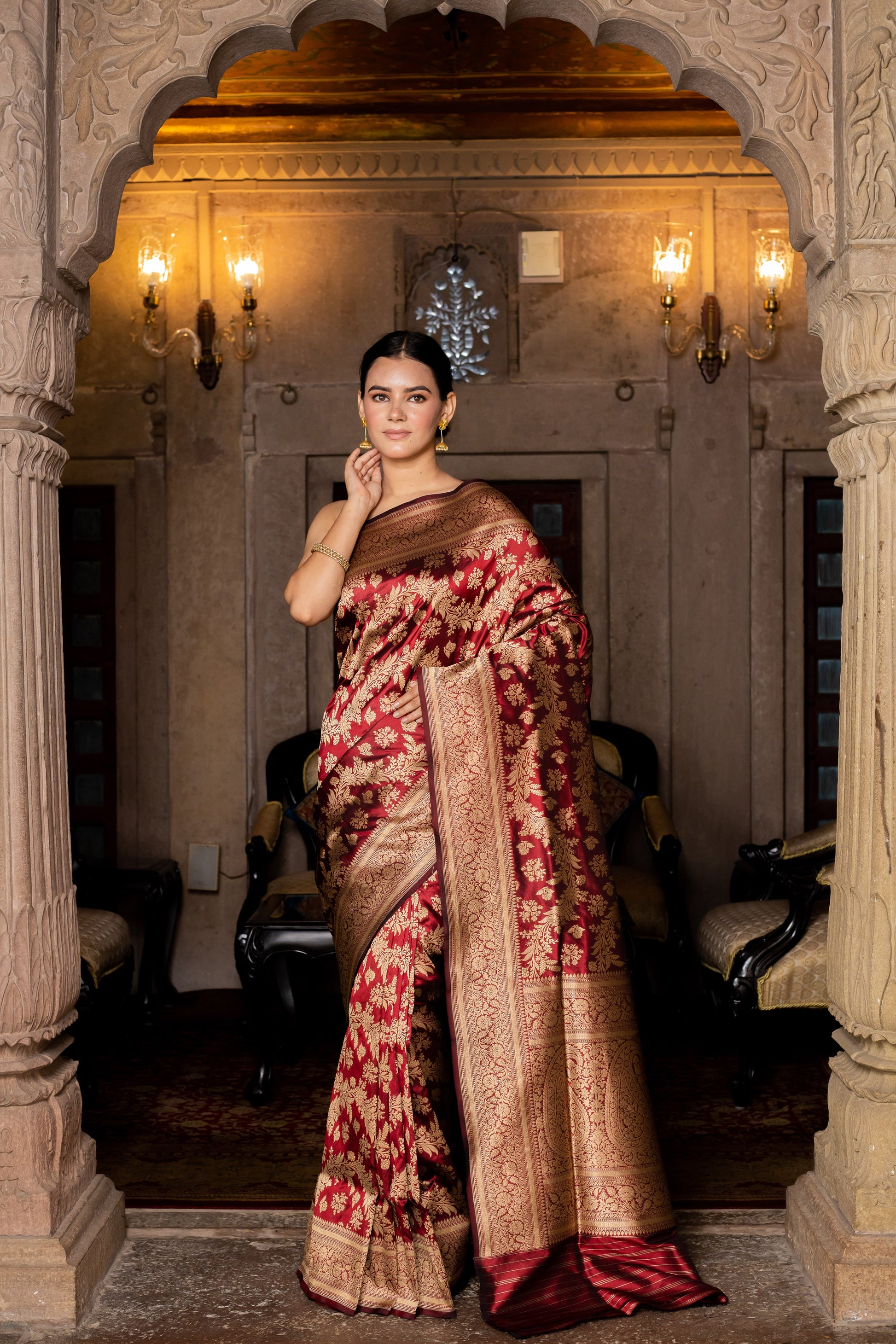 Maroon Handwoven Cutwork Katan Silk Saree - Panaya