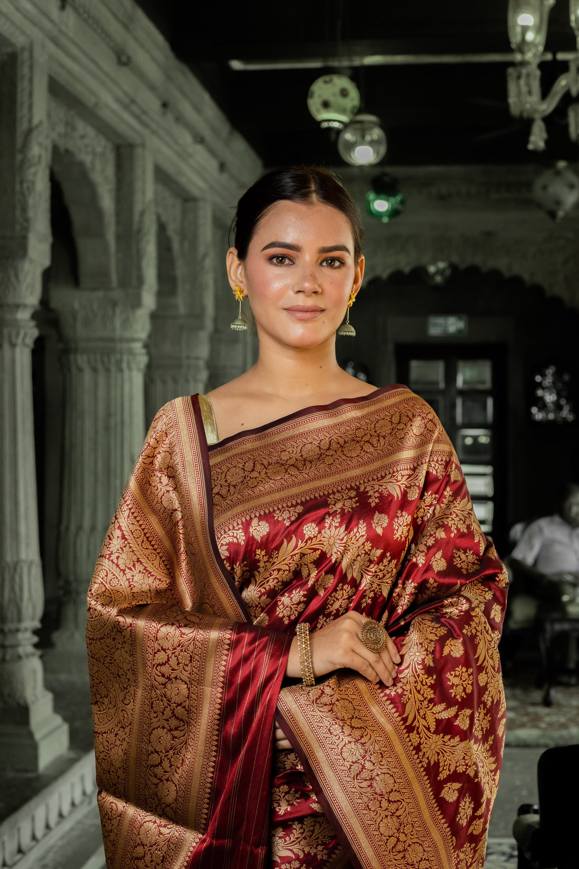 Maroon Handwoven Cutwork Katan Silk Saree - Panaya