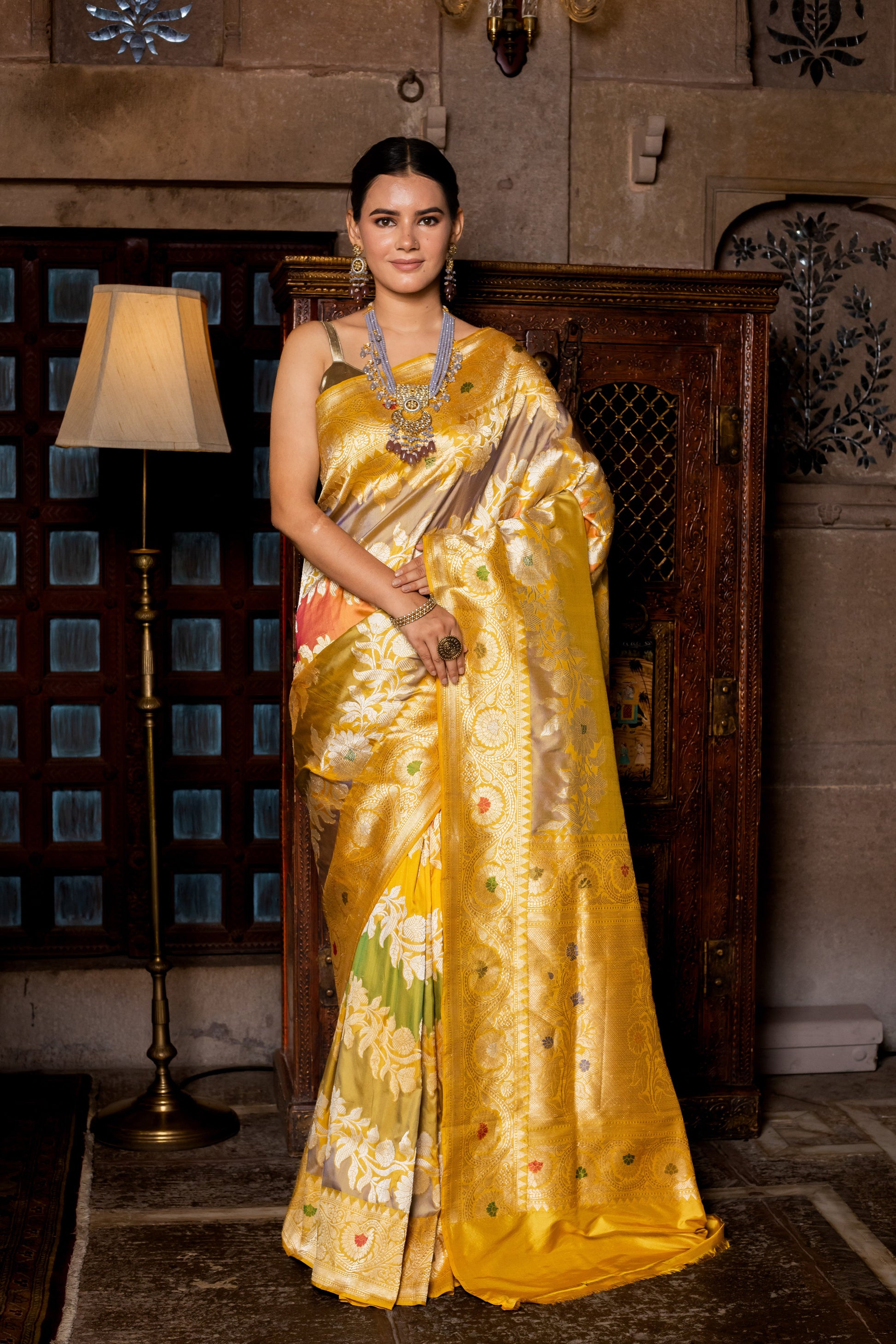 Gold Handwoven Rangkat Katan Silk Saree - Panaya