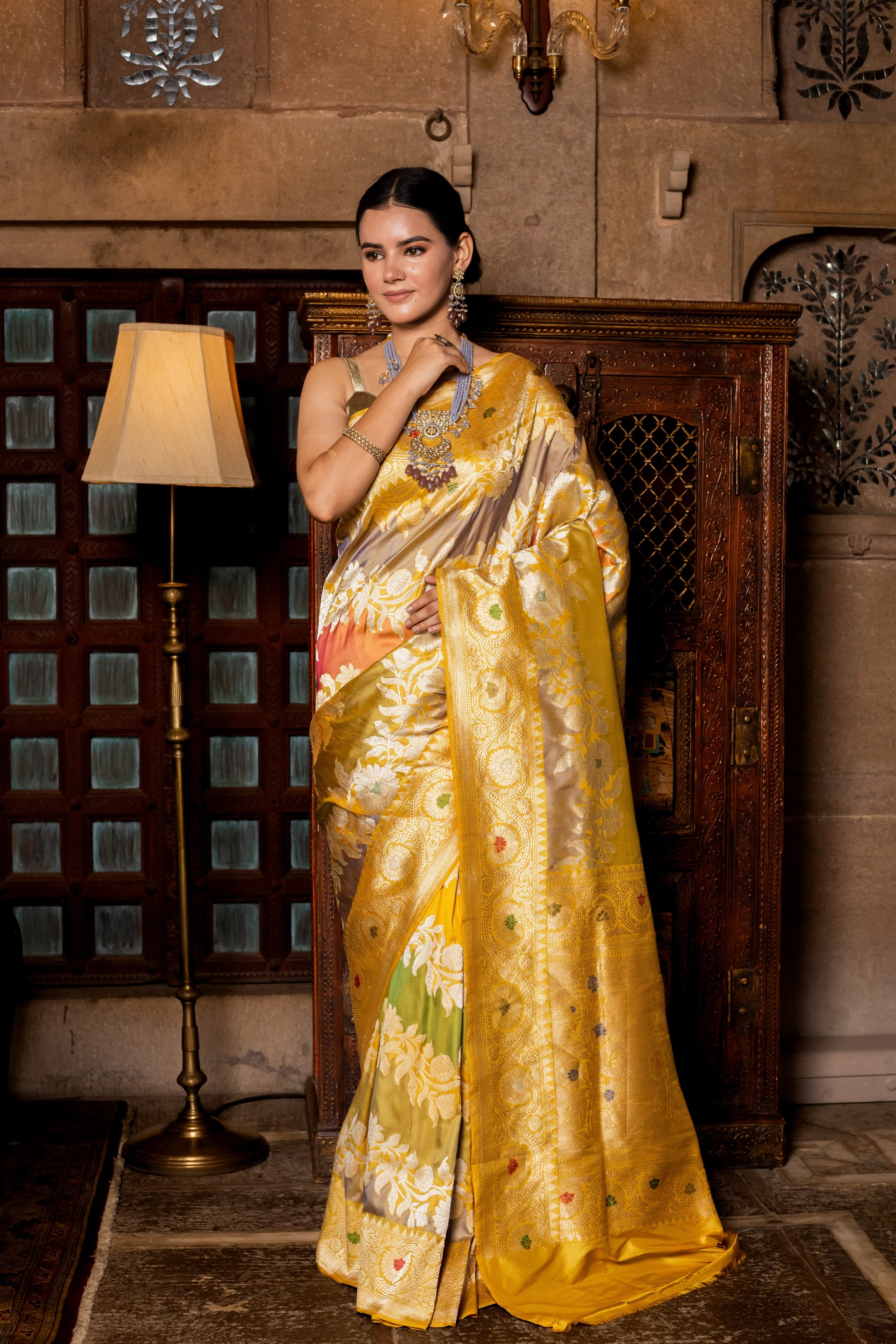 Gold Handwoven Rangkat Katan Silk Saree - Panaya