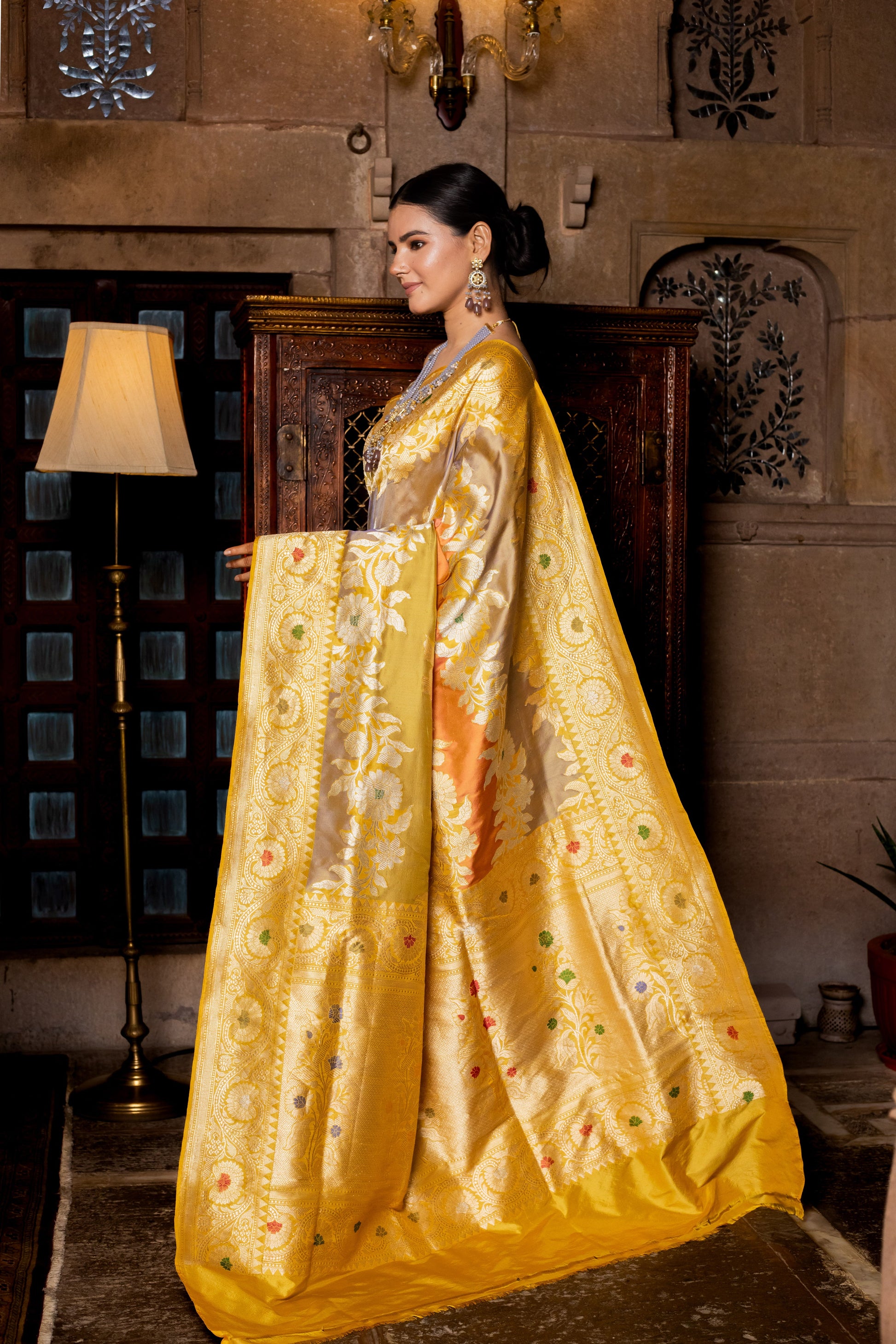 Gold Handwoven Rangkat Katan Silk Saree - Panaya