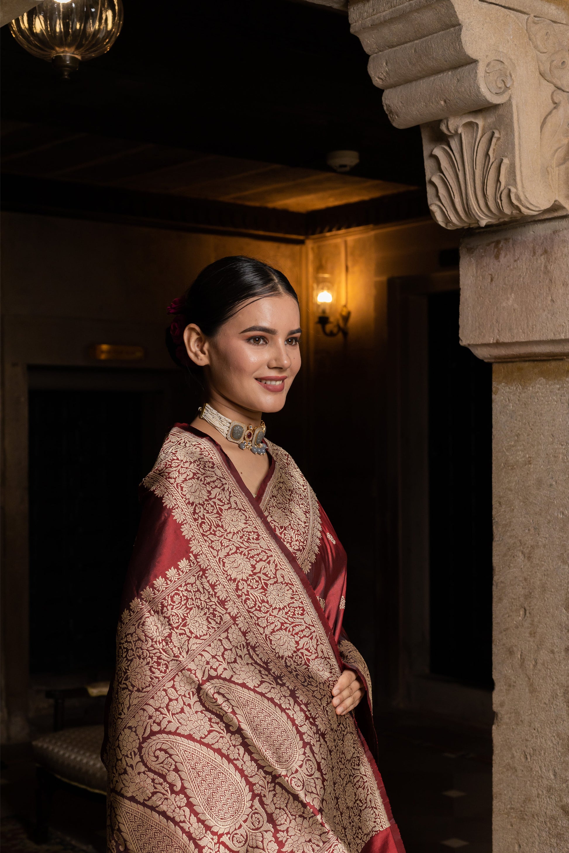 Maroon Handwoven Kadwa Katan Silk Saree - Panaya