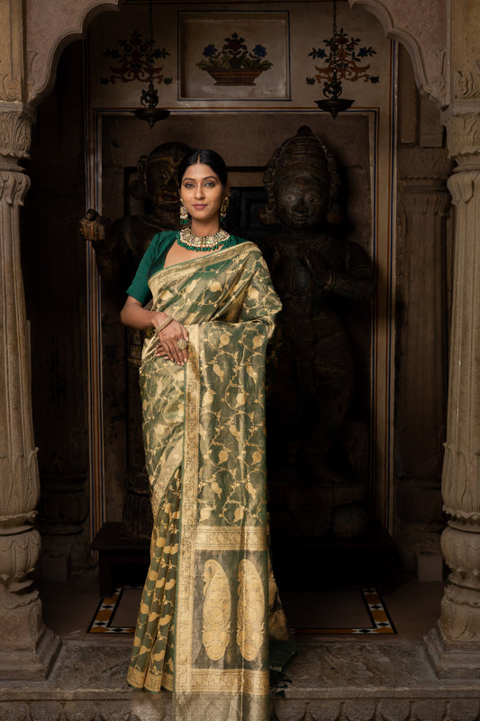 Green Tissue Pure Silk Handwoven Saree - Panaya