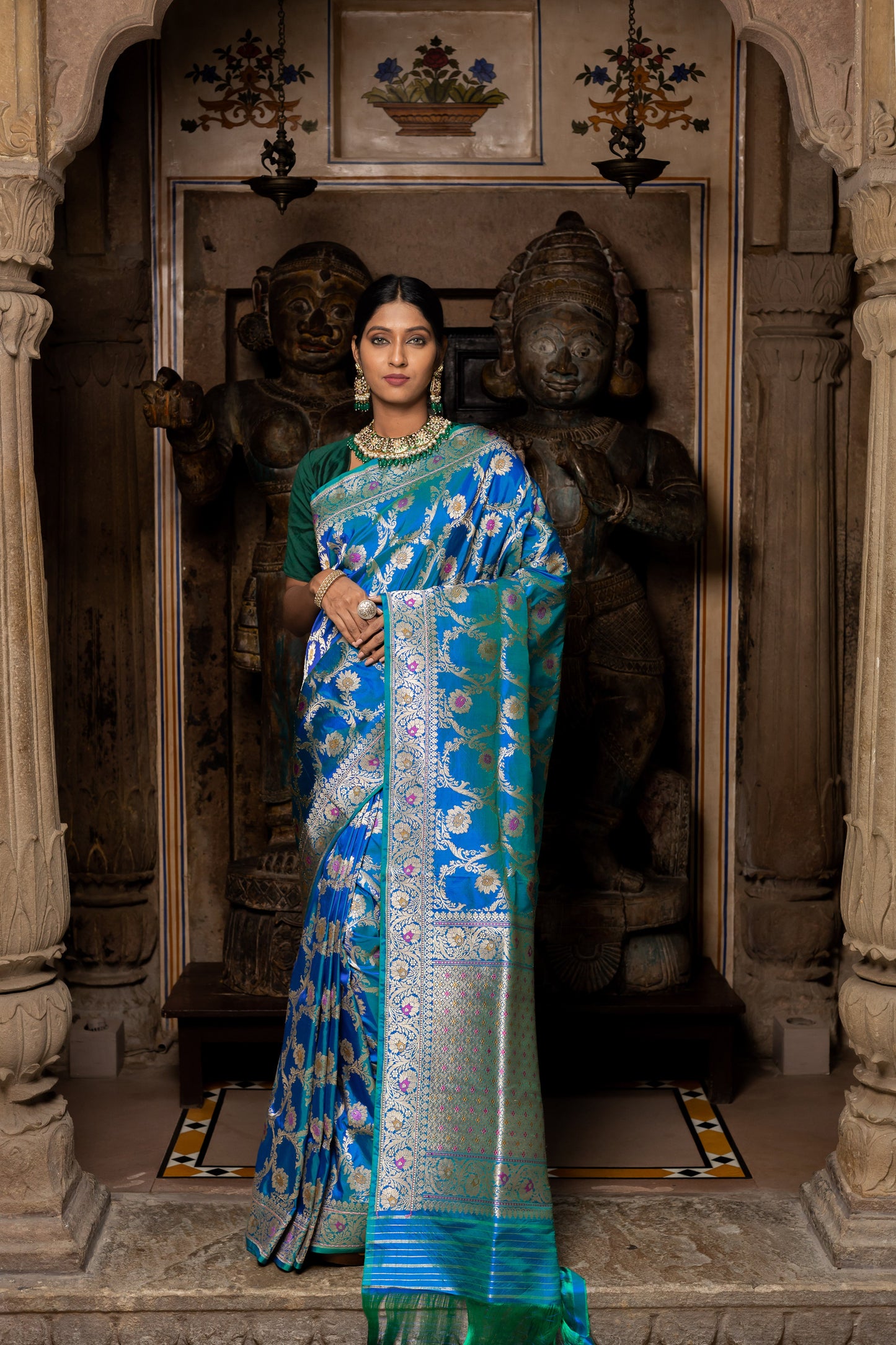 Turquoise Blue Handwoven Kadwa Katan Silk Saree - Panaya