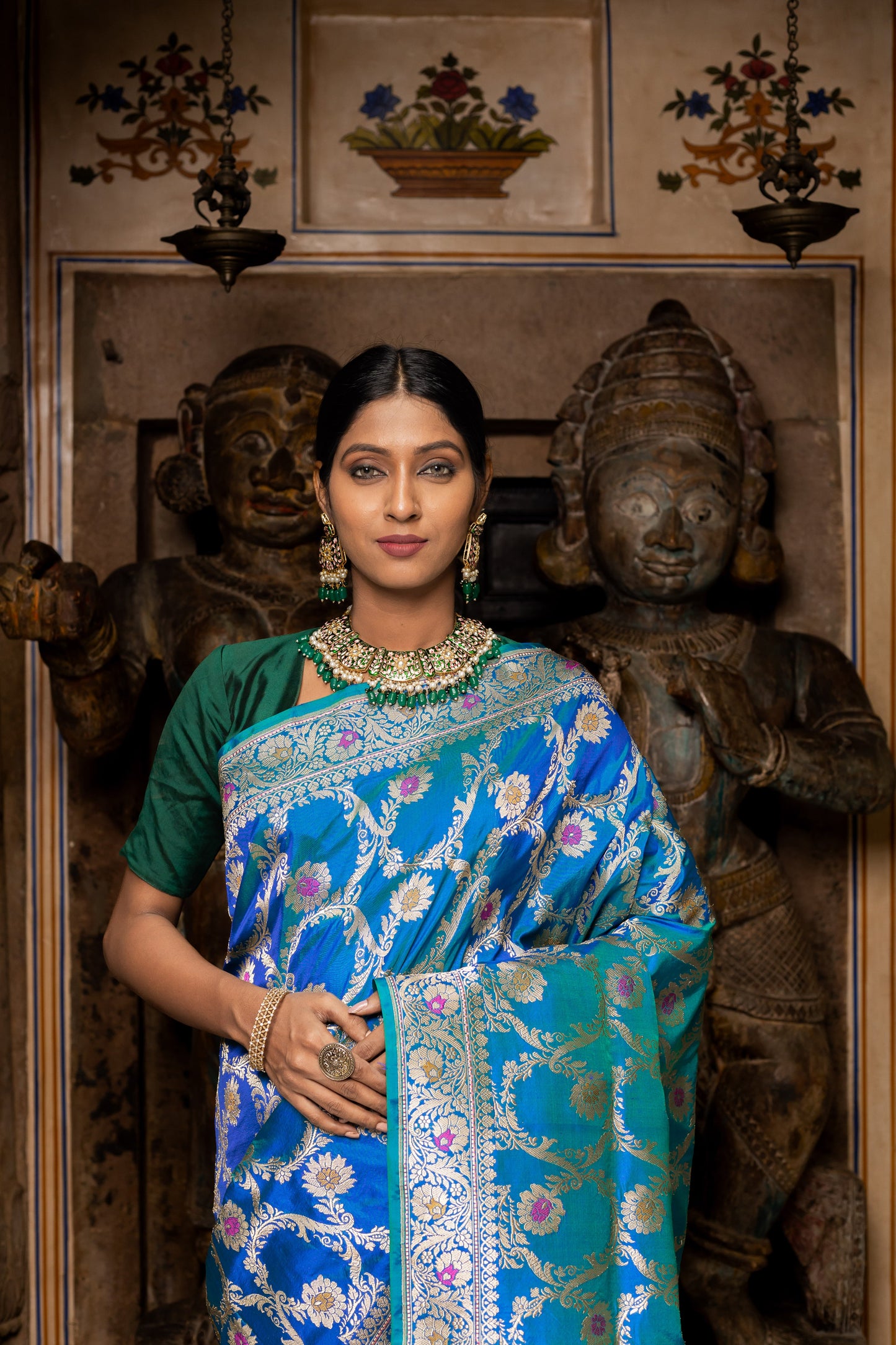 Turquoise Blue Handwoven Kadwa Katan Silk Saree - Panaya