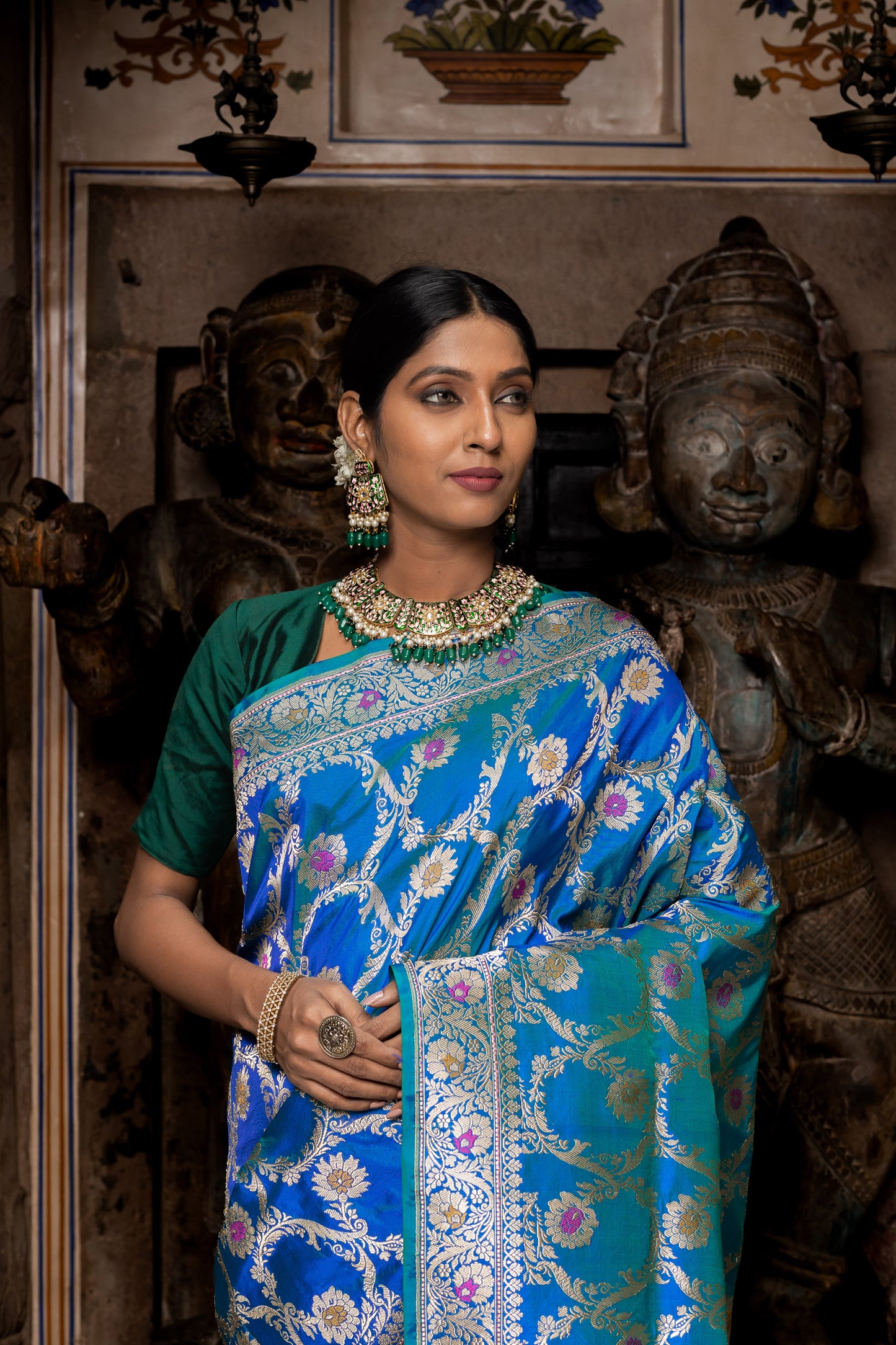 Turquoise Blue Handwoven Kadwa Katan Silk Saree - Panaya