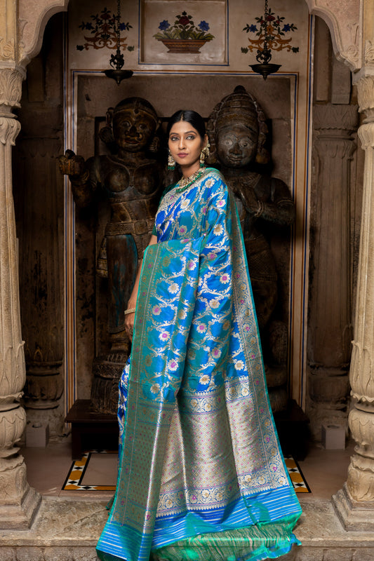 Turquoise Blue Handwoven Kadwa Katan Silk Saree - Panaya