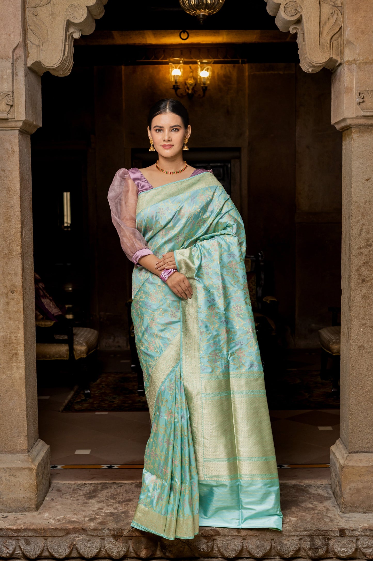 Mint Handwoven Kadwa Katan Silk Saree - Panaya