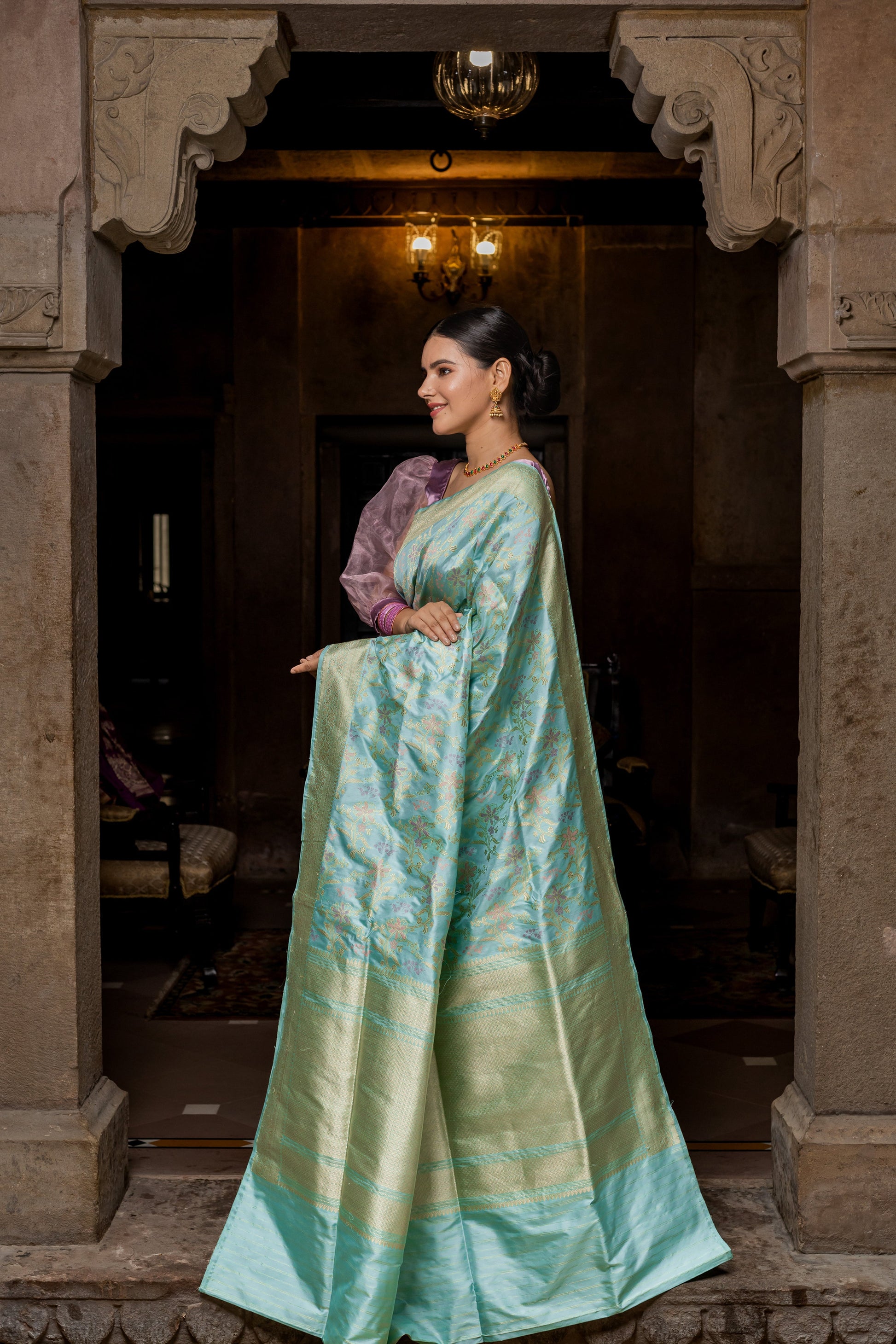 Mint Handwoven Kadwa Katan Silk Saree - Panaya