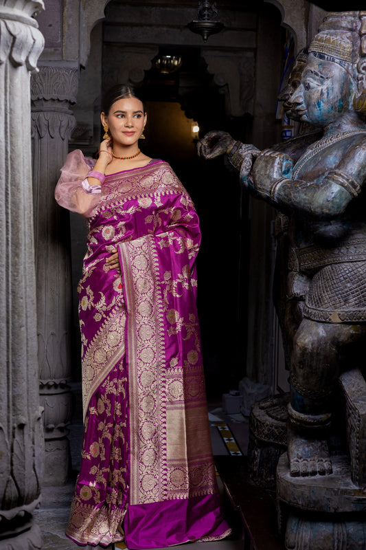 Purple Handwoven Kadwa Katan Silk Saree - Panaya