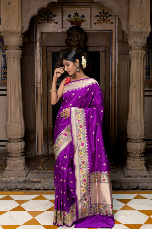 Purple Handwoven Kadwa Katan Silk Saree - Panaya