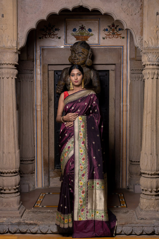 Wine Handwoven Kadwa Katan Silk Saree - Panaya