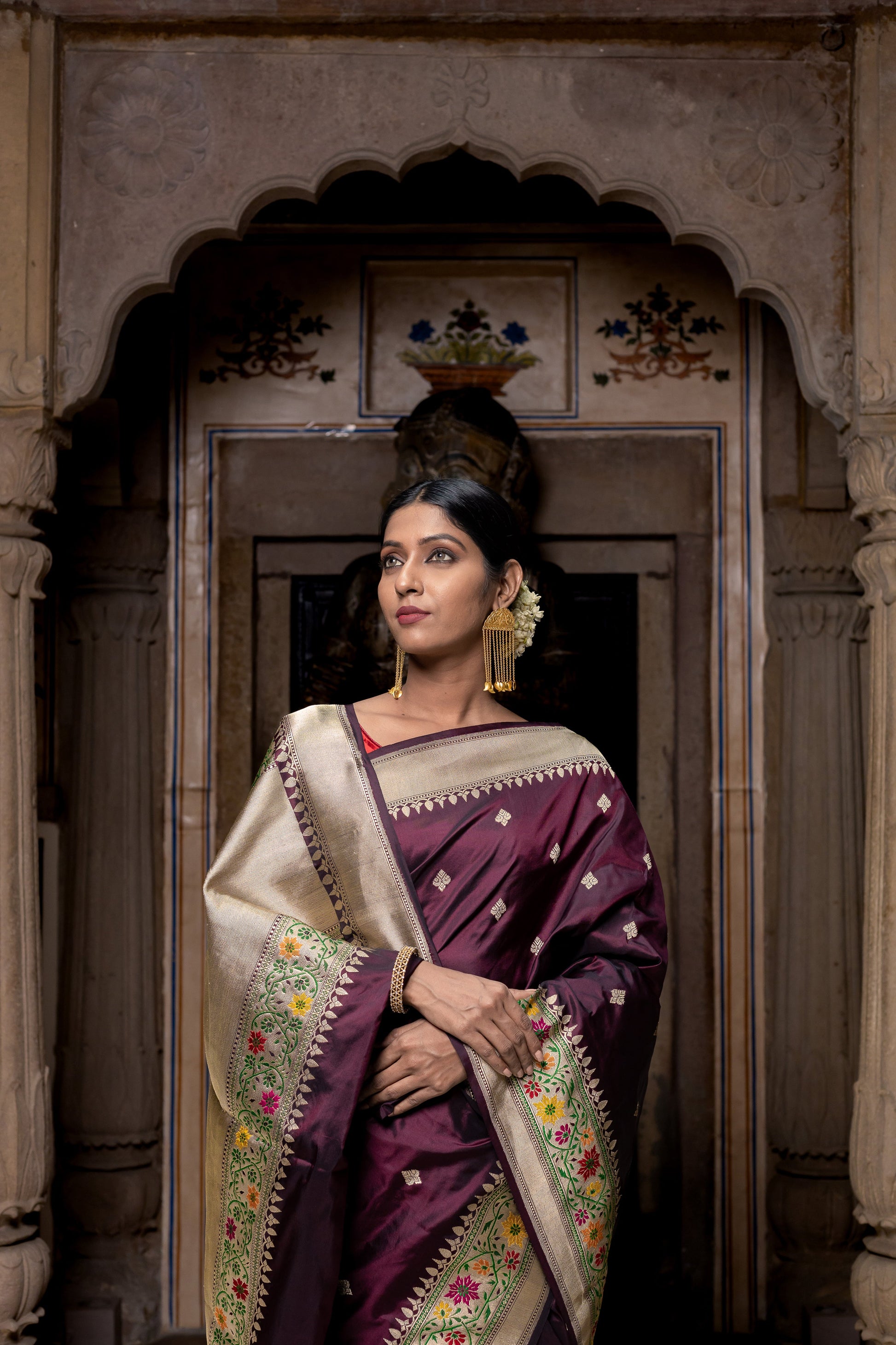 Wine Handwoven Kadwa Katan Silk Saree - Panaya