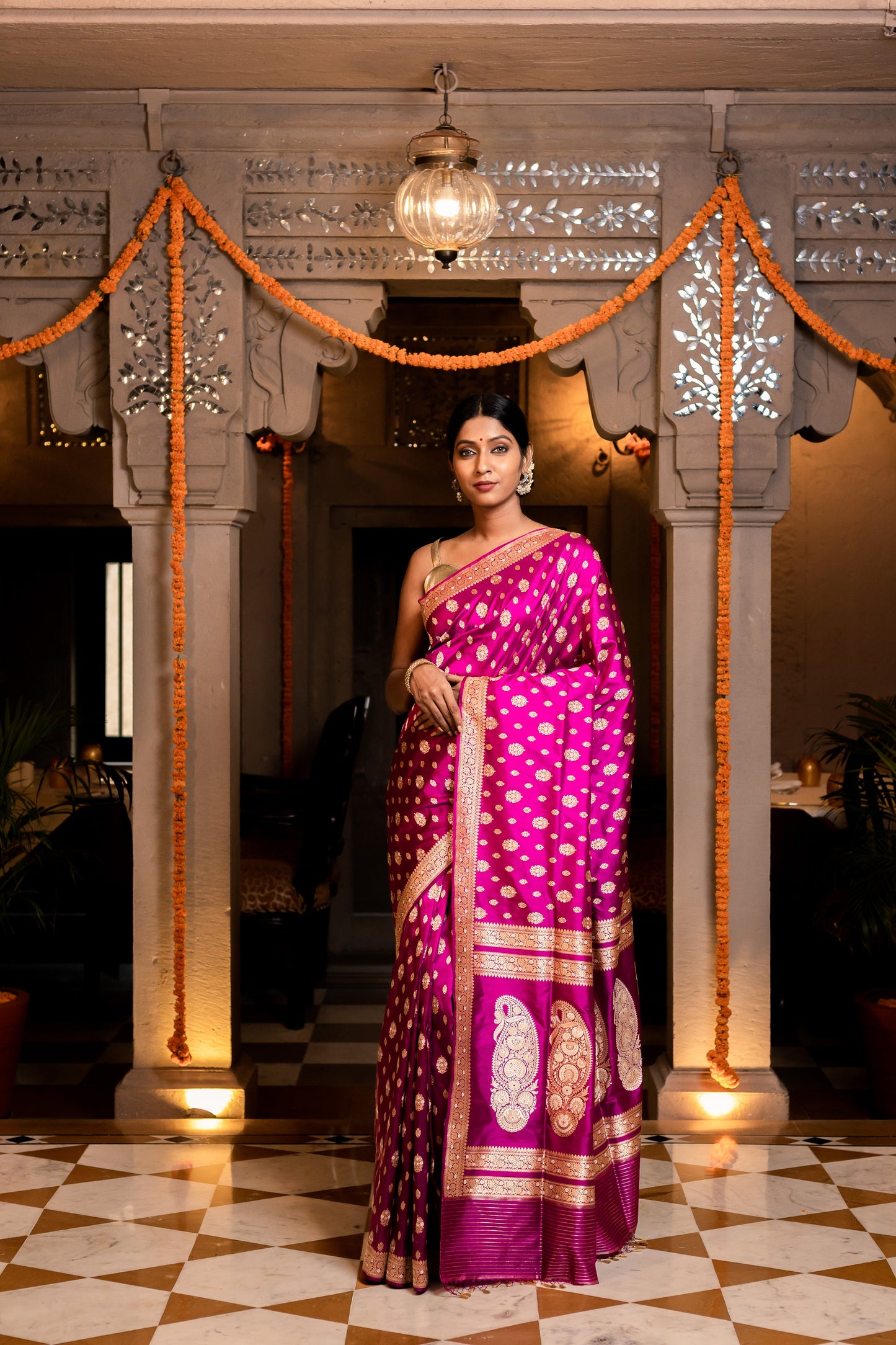 Rani Pink Handwoven Kadwa Katan Silk Saree - Panaya