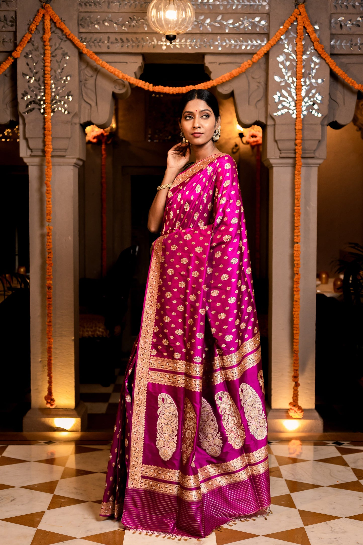 Rani Pink Handwoven Kadwa Katan Silk Saree - Panaya