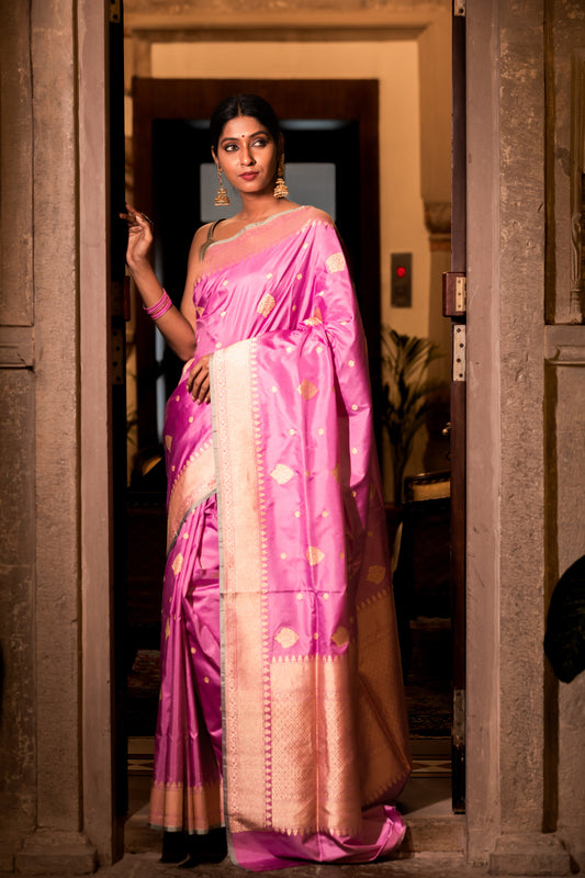 Pink Handwoven Kadwa Katan Pure Silk Saree - Panaya