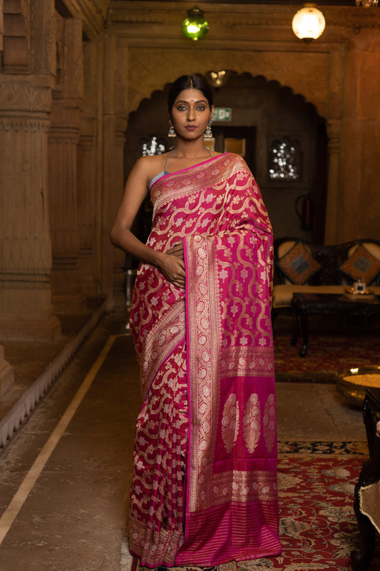 Pink Handwoven Kadwa Katan Silk Saree - Panaya