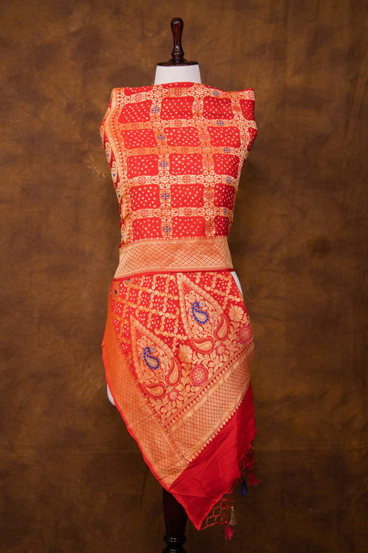 Red Georgette Khaddi Pure Silk Dupatta - Panaya