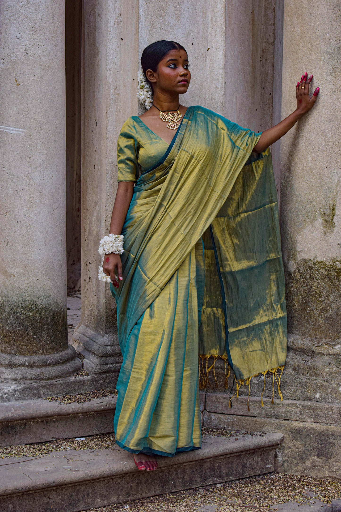 Pataka Seagreen Dual tone tissue saree