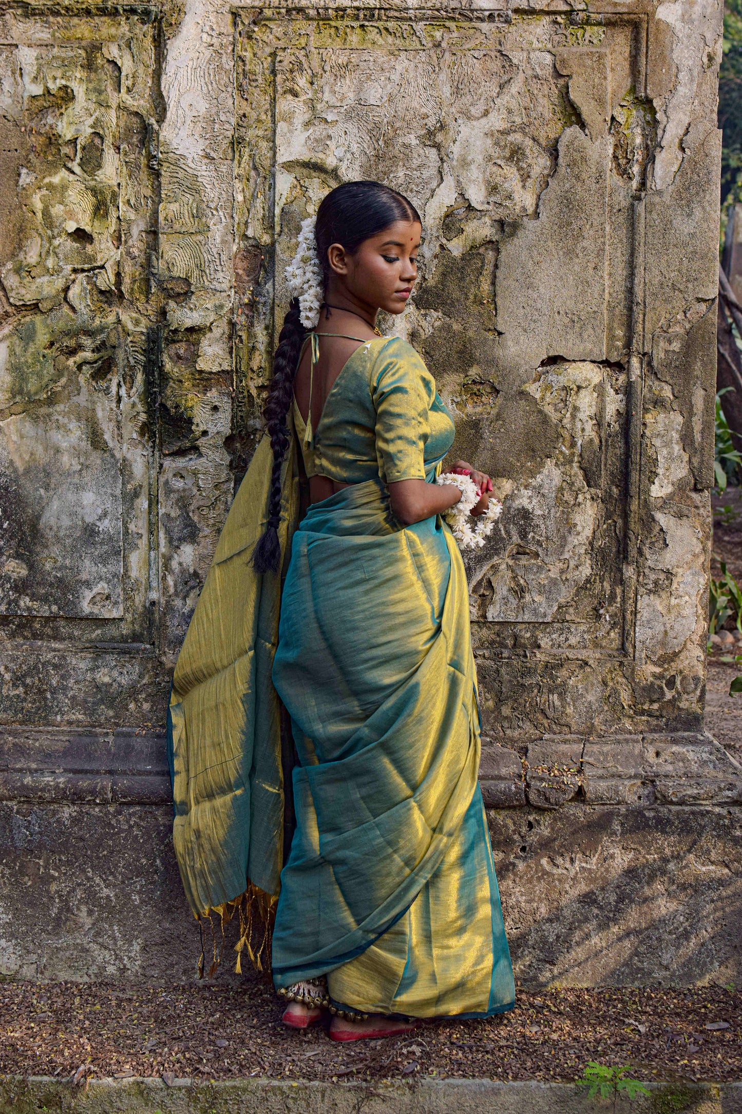 Pataka Seagreen Dual tone tissue saree