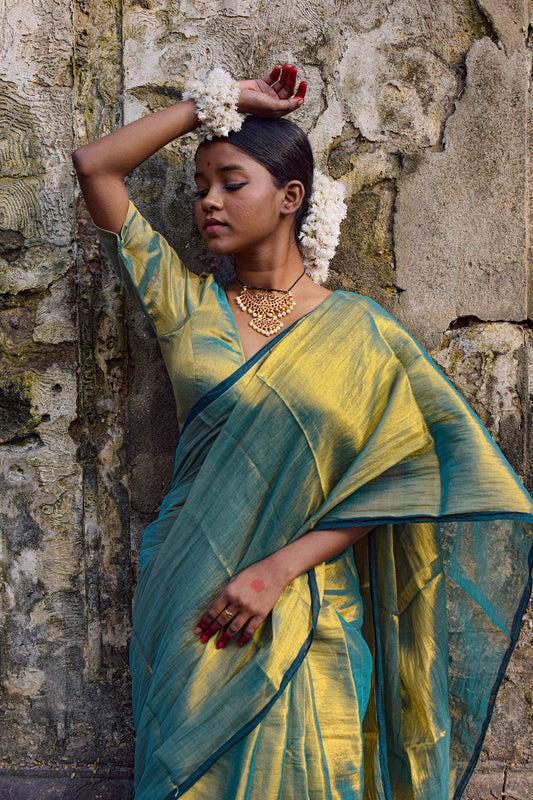 Pataka Seagreen Dual tone tissue saree