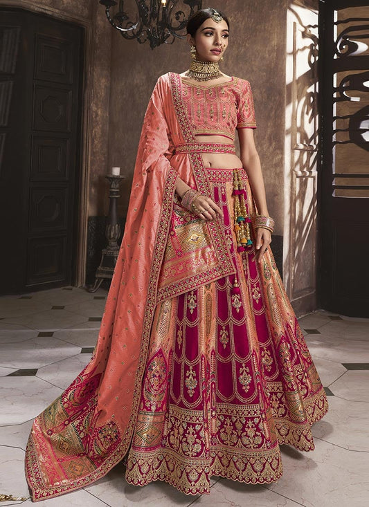 Peach Banarasi Silk Embroidered Umbrella Bridal Lehenga