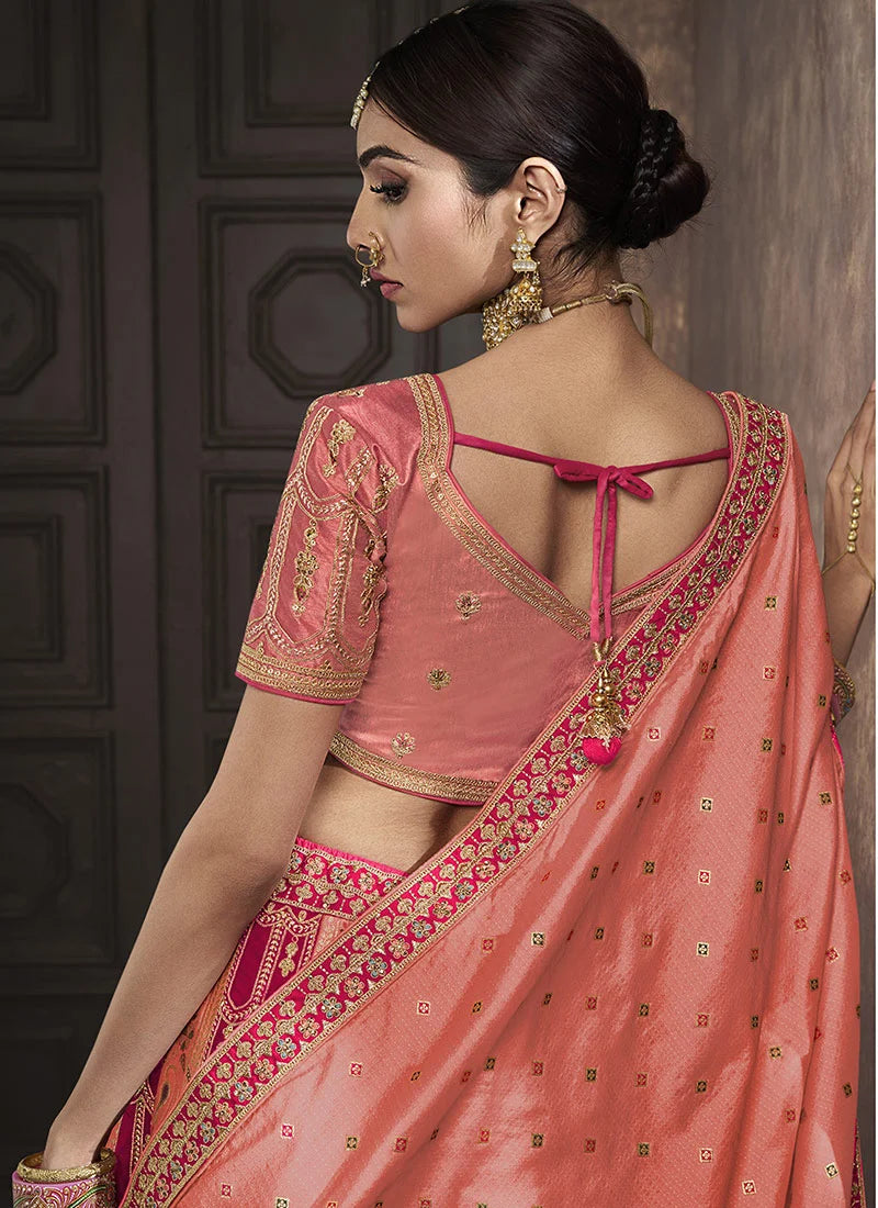 Peach Banarasi Silk Embroidered Umbrella Bridal Lehenga