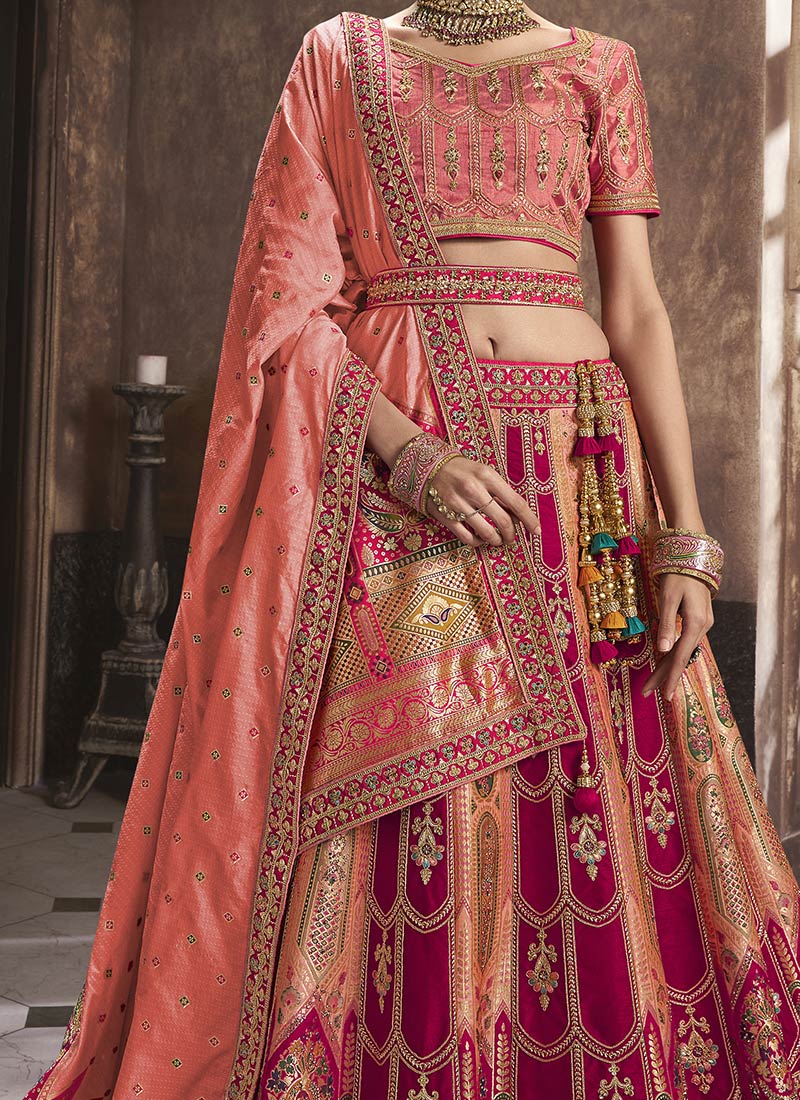 Peach Banarasi Silk Embroidered Umbrella Bridal Lehenga