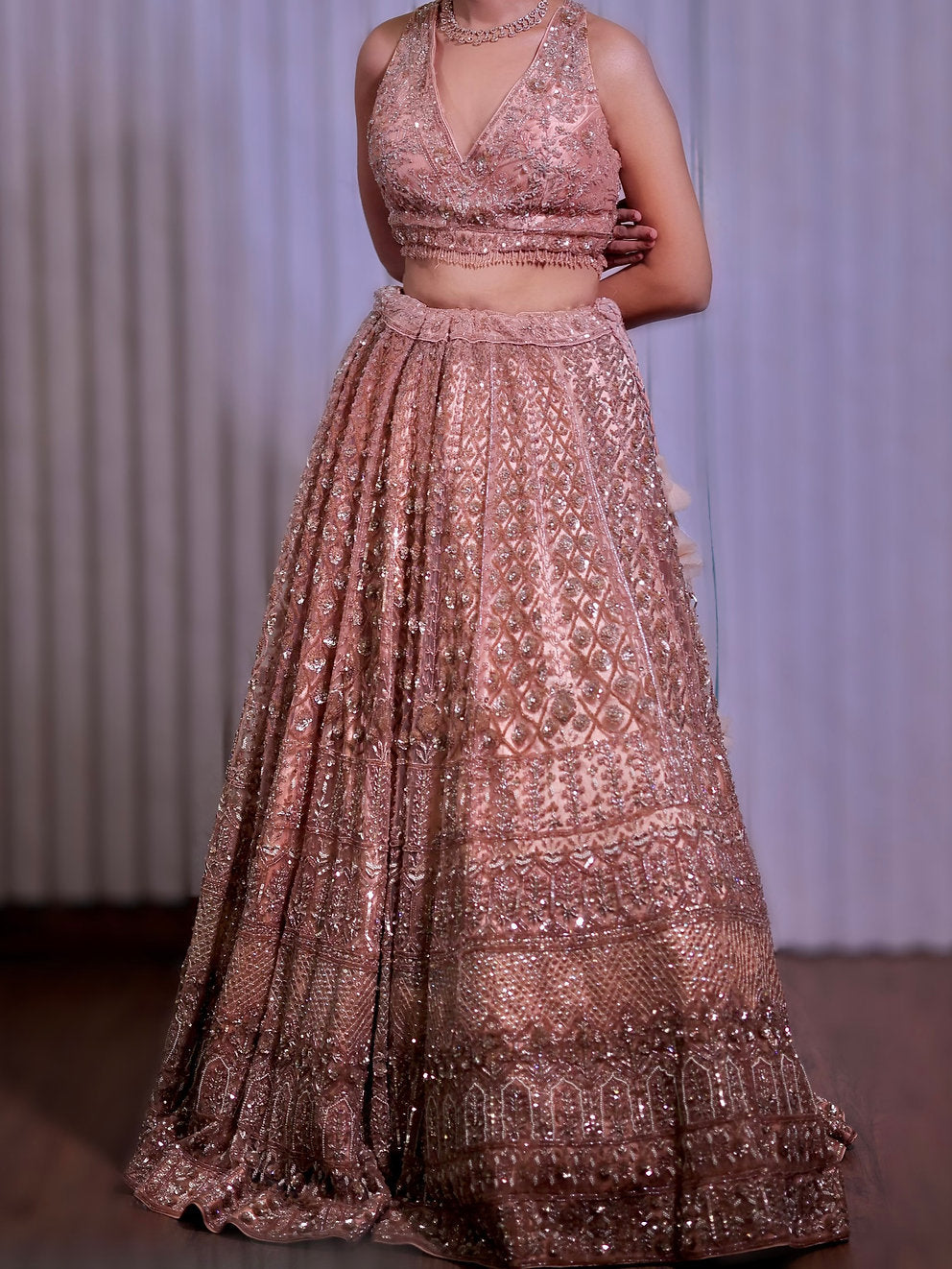 Peach Color Sequins Embroidery Soft Net Bridal Lehenga