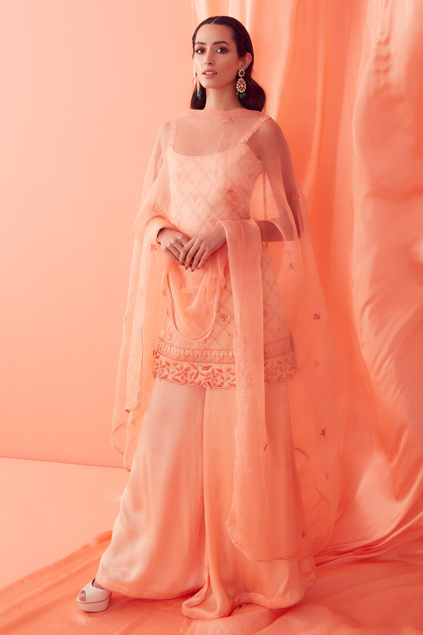 Peach Tonal Embroidered Sharara Set - Aarambh