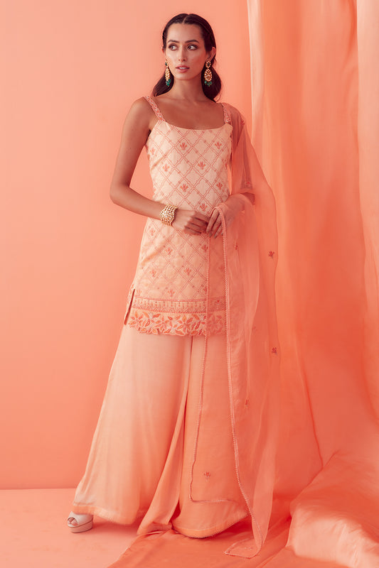 Peach Tonal Embroidered Sharara Set - Aarambh