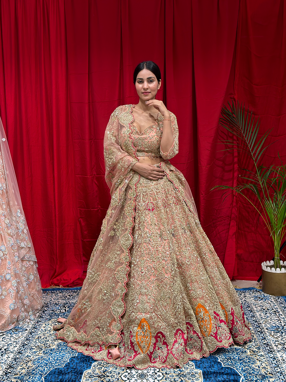 Peach Zardozi & Peacock Motifs Embroidery Net Bridal Lehenga