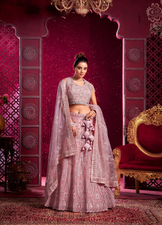 Peach Sequence Embroidery Net Bridesmaid Lehenga