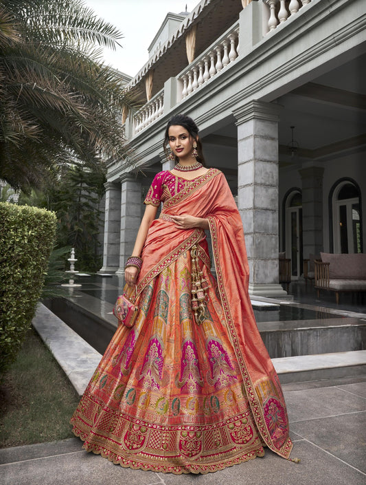 Peach Zarkan Embroidered Banarasi Silk Bridal Lehenga