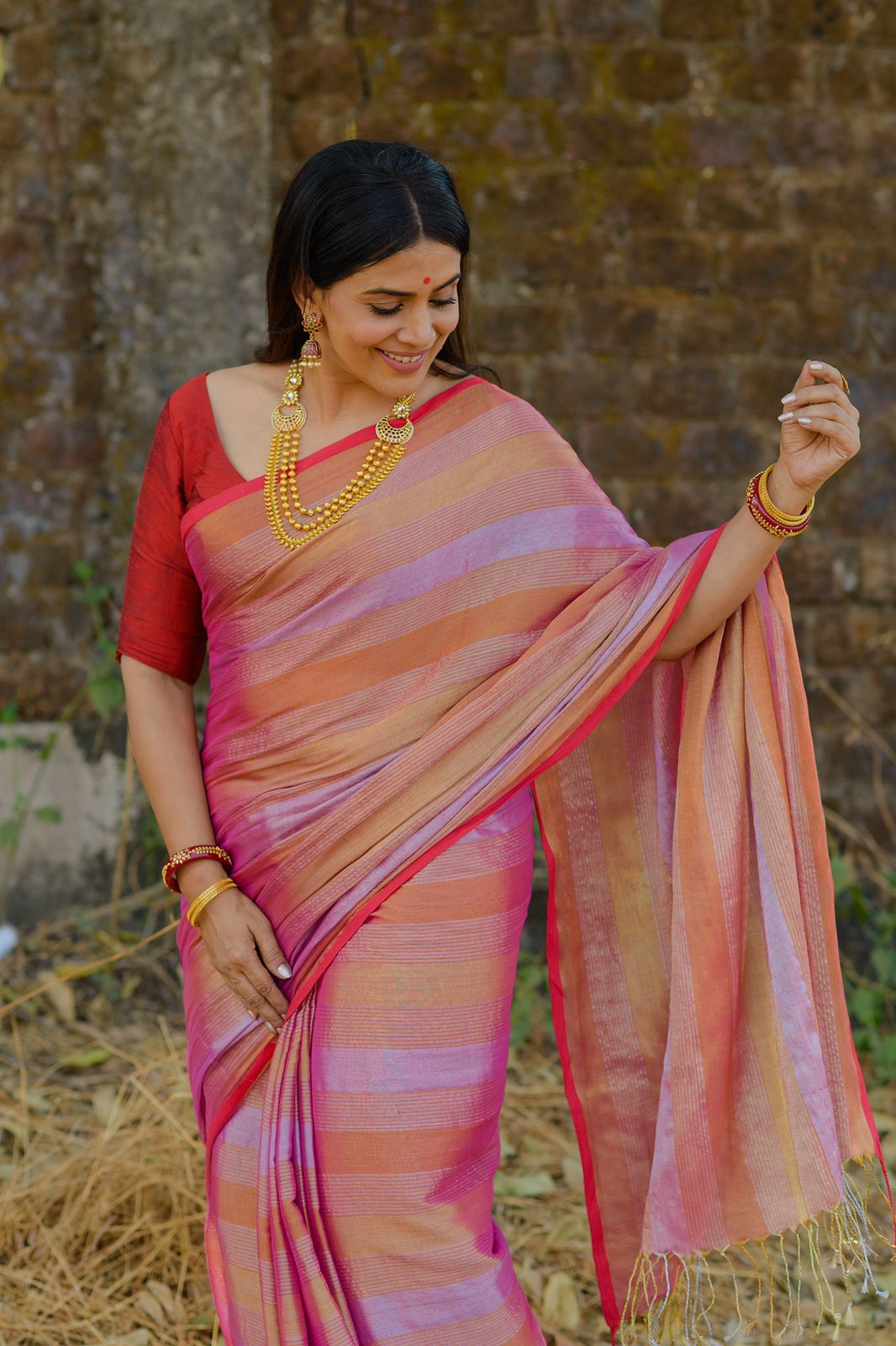 Peach Crown Jewel I Handloom Tissue saree