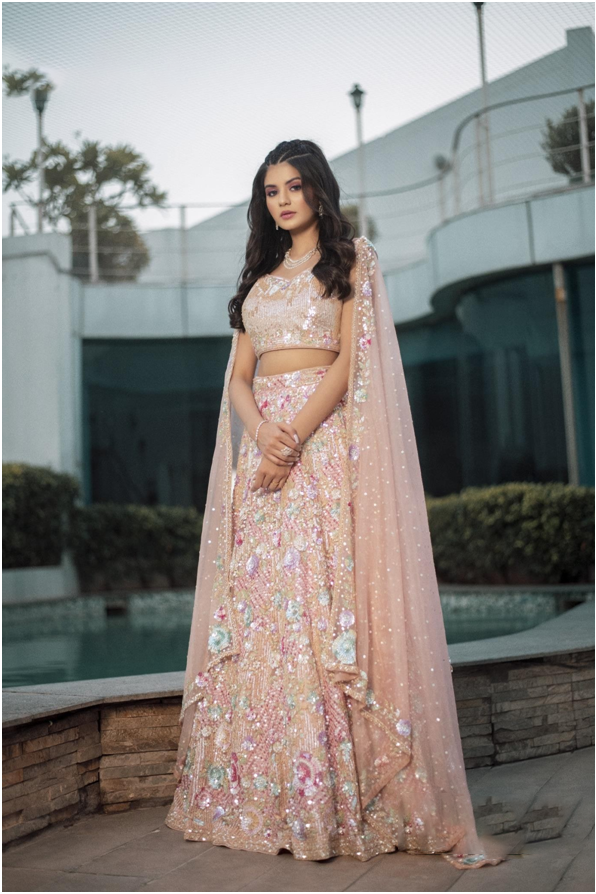 Peach Color Soft Net Hand Embroidered Bridal Lehenga