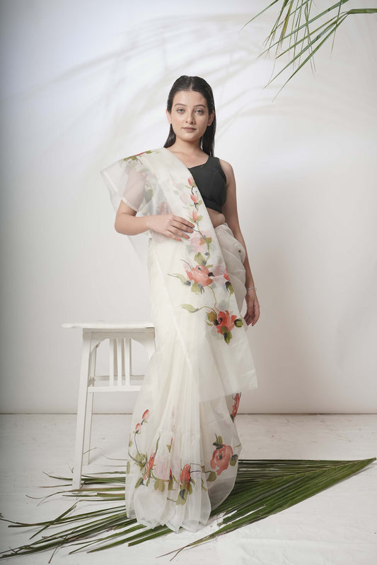 Petal Dance | White Floral Handpainted Organza Saree