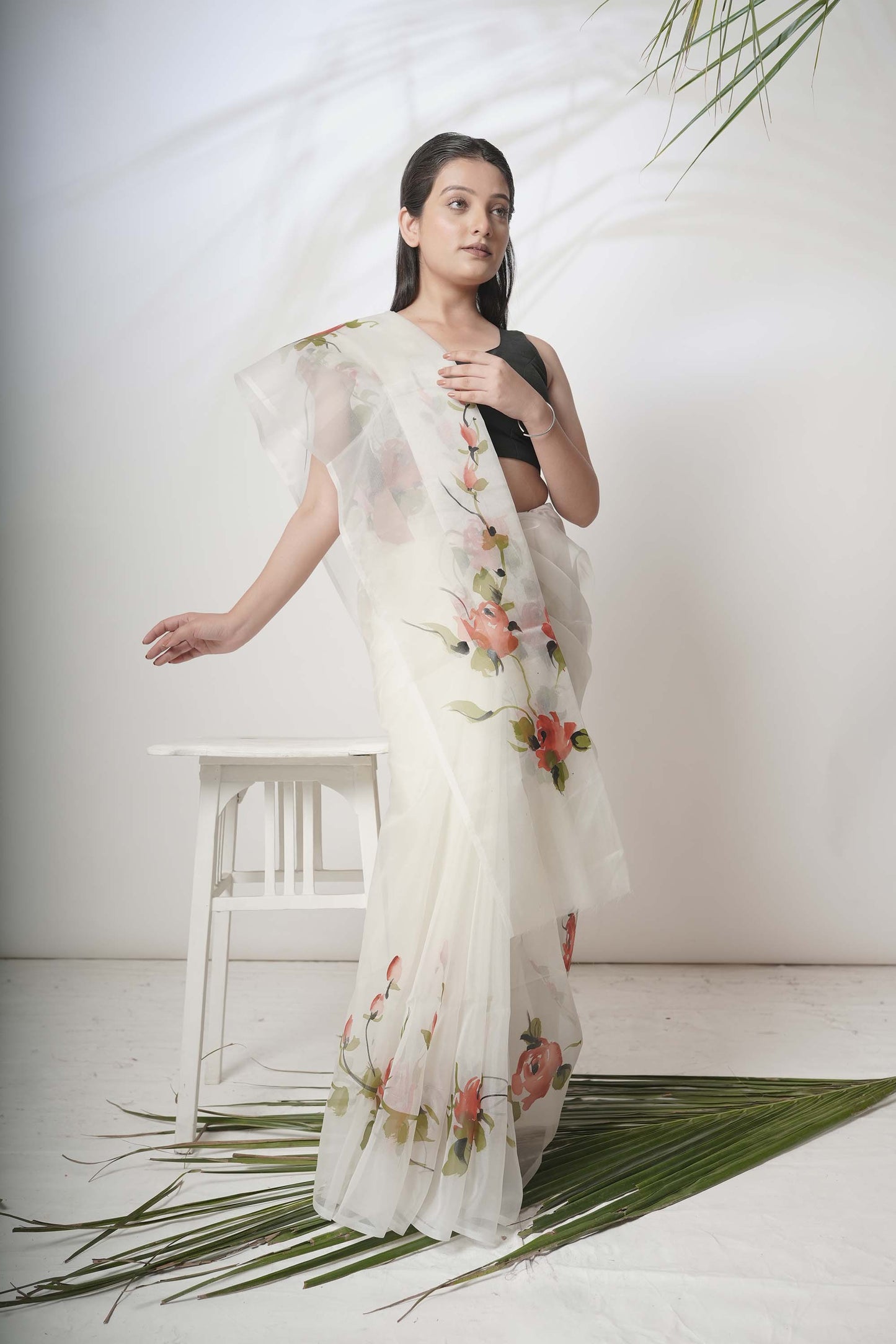 Petal Dance | White Floral Handpainted Organza Saree