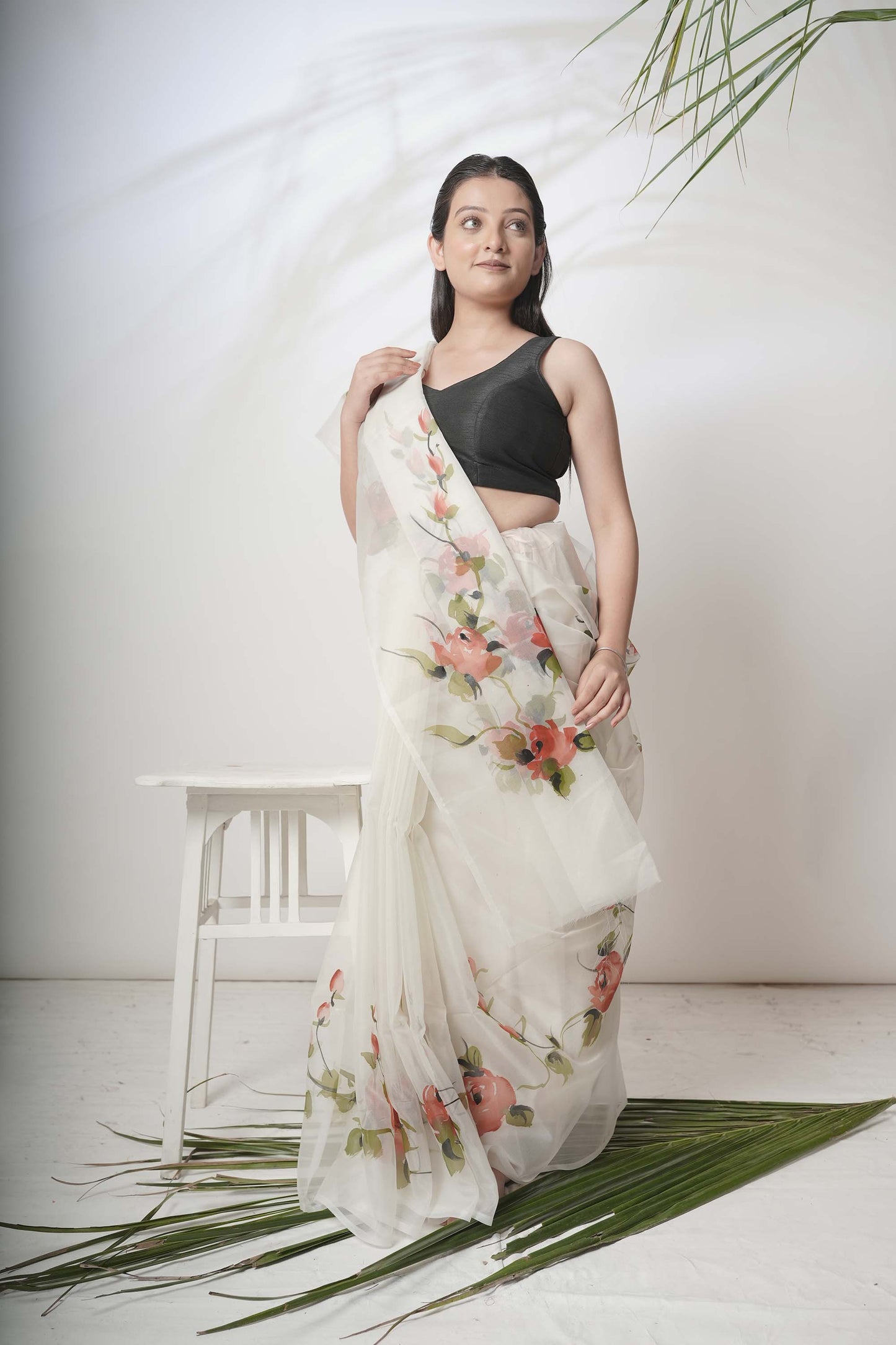 Petal Dance | White Floral Handpainted Organza Saree