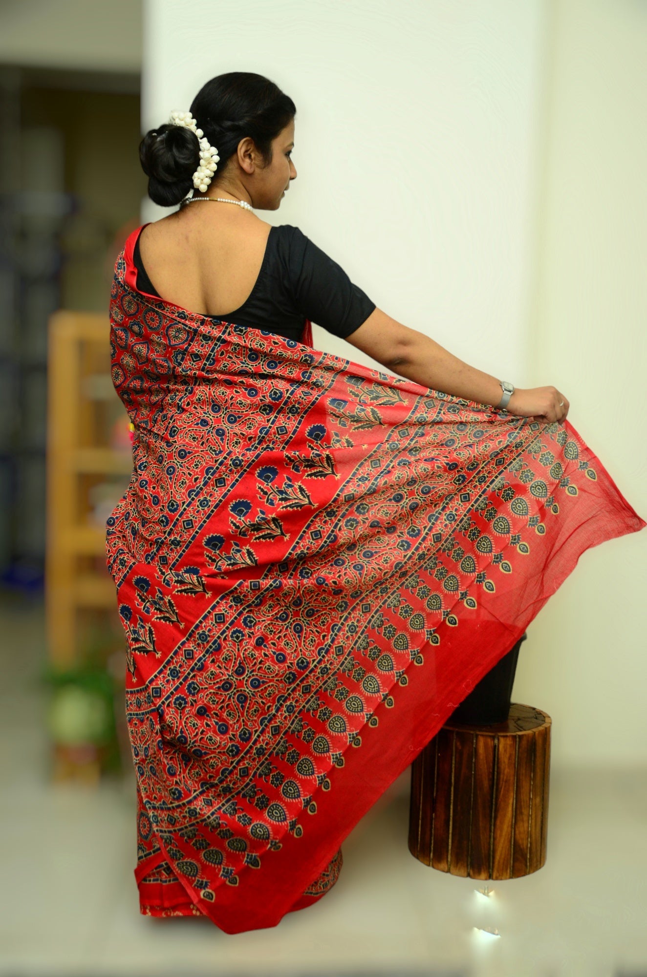 Classical Beauty - Red Ajrakh - Cotton Mulmul Handblock Print Saree