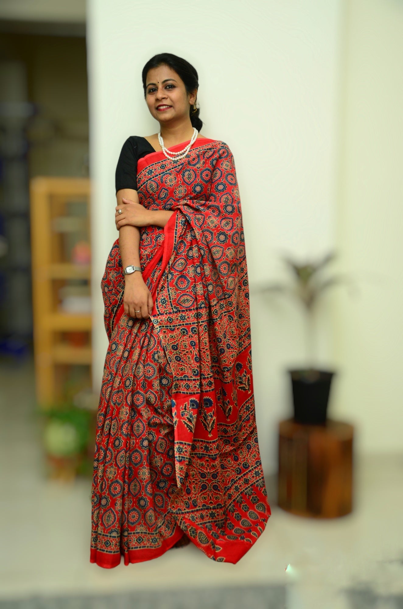 Classical Beauty - Red Ajrakh - Cotton Mulmul Handblock Print Saree