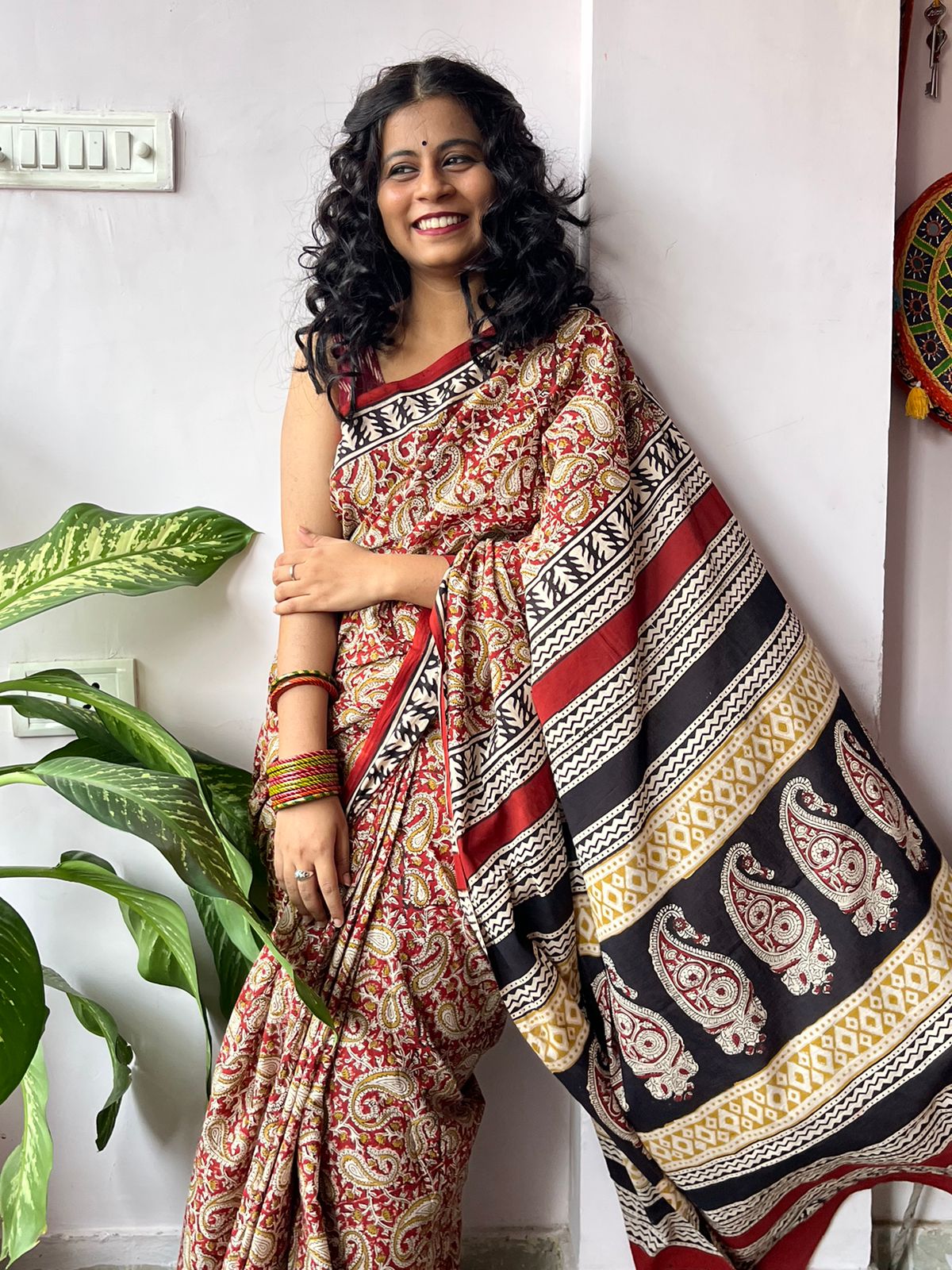 Rathodi - Bagru Natural Dyes Handblock Printed - Red Cotton Mulmul Saree