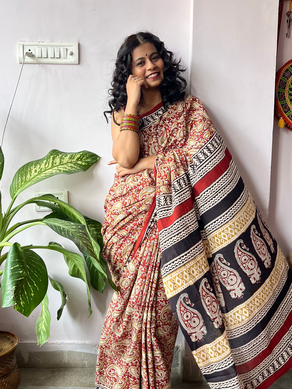 Rathodi - Bagru Natural Dyes Handblock Printed - Red Cotton Mulmul Saree