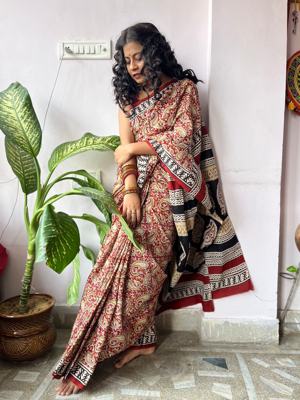 Rathodi - Bagru Natural Dyes Handblock Printed - Red Cotton Mulmul Saree