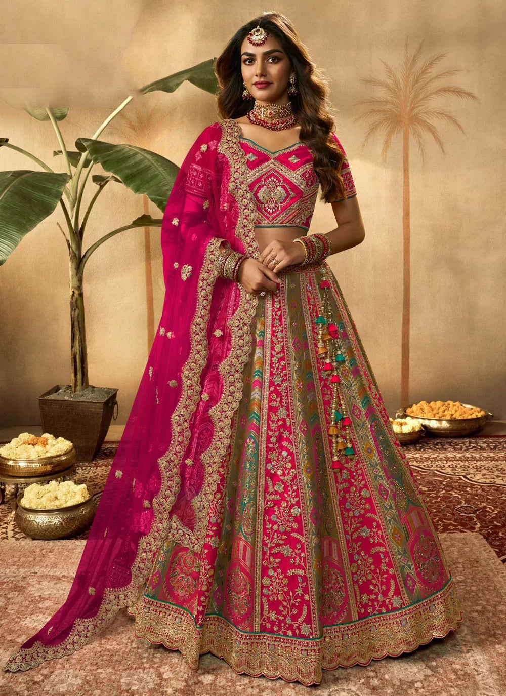 Pink Banarasi Silk Resham Embroidered A Line Royal Bridal Lehenga